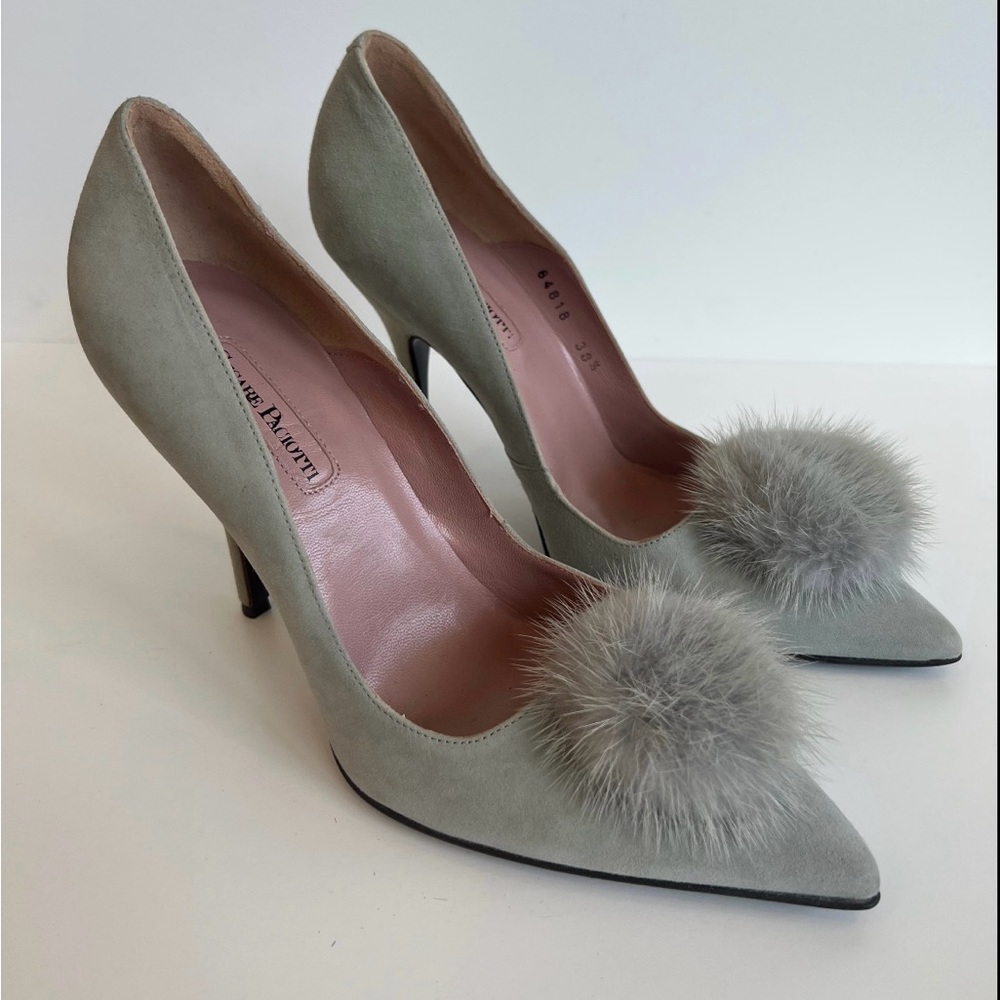 Cesare Paciotti Blue Gray Suede Pom Pom Pumps Size 8.5